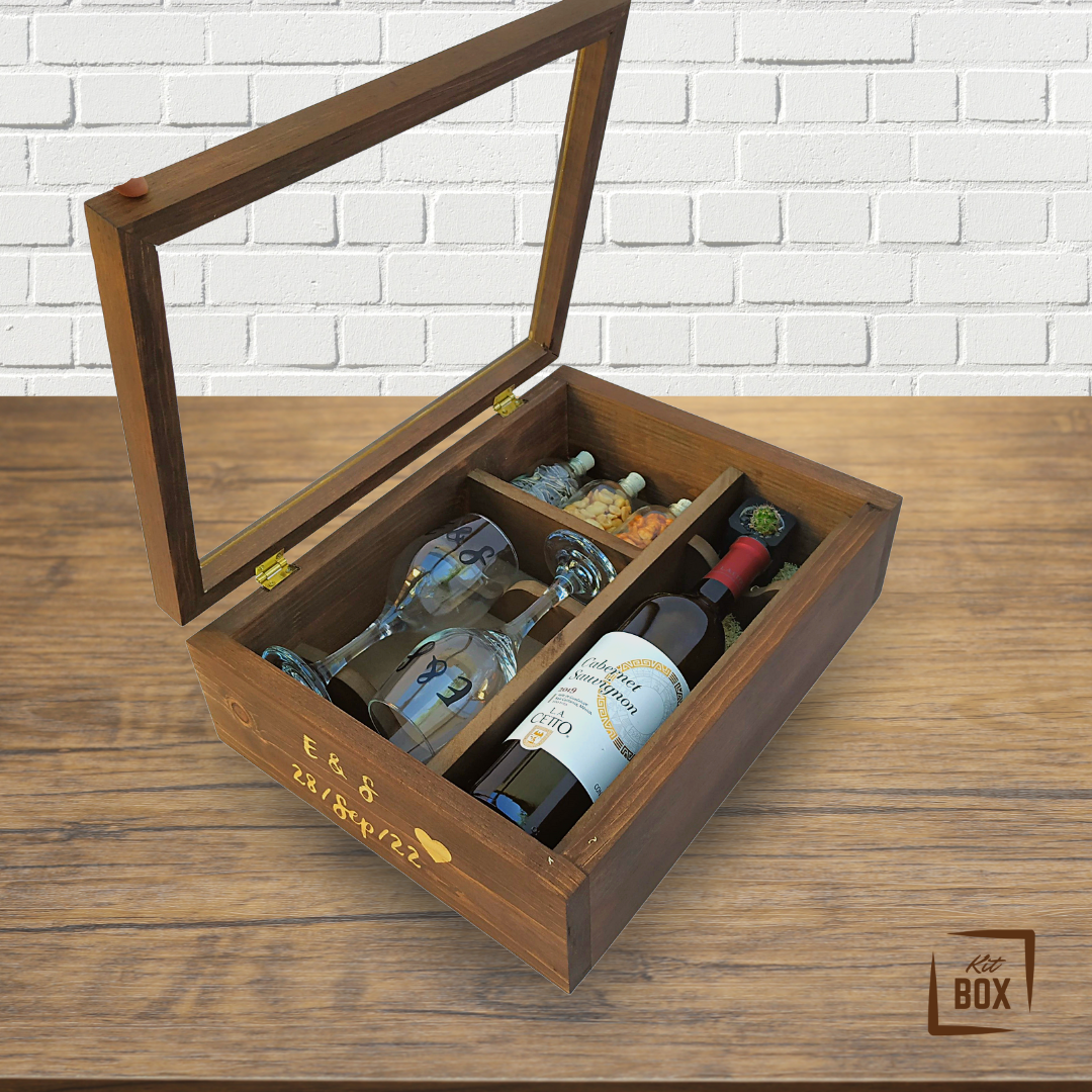 Caja vino con copas personalizada
