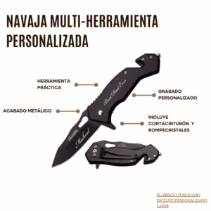 Navaja multiherramienta de acabado metálico con grabado personalizado, incluye cortacinturón y rompecristales. Se muestran ejemplos de personalización con nombres y frases.
