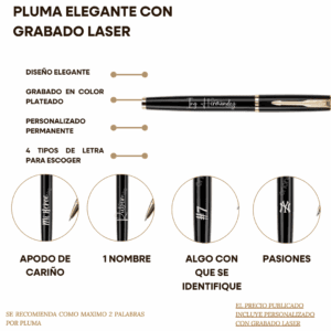 Pluma personalizada con grabado láser, con cuerpo de metal y estuche de presentación. Se muestran ejemplos de personalización con nombres en diferentes estilos.