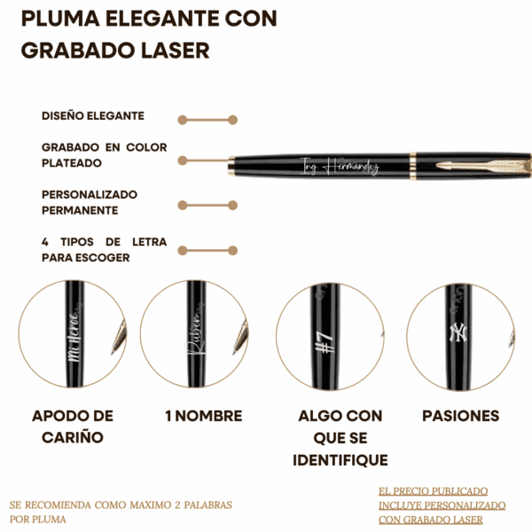 Pluma personalizada con grabado láser, con cuerpo de metal y estuche de presentación. Se muestran ejemplos de personalización con nombres en diferentes estilos.