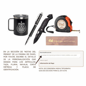 Imagen mostrando cómo personalizar artículos Galia como tazas, plumas, navajas, cintas métricas y placas de identificación. Las instrucciones indican a los clientes que usen la sección "Notas del pedido" para especificar el grabado que desean. El texto muestra ejemplos de personalización en cada producto.
