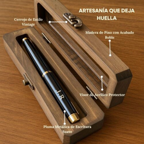 Estuche de madera artesanal con pluma de lujo personalizada con grabado láser, un regalo de distinción de GALIA.