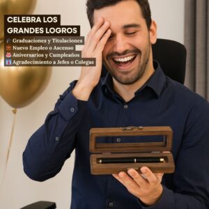 Hombre sonriendo al recibir un Estuche Pluma Legacy de GALIA como regalo para celebrar un logro como graduación, nuevo empleo o ascenso.