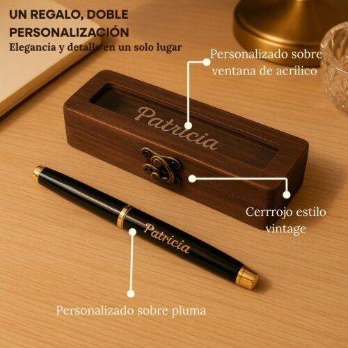 Estuche Pluma Legacy con doble grabado del nombre 'Patricia' [cite: 3][cite_start], mostrando la personalización detallada de GALIA en la pluma y el estuche de madera[cite: 3].