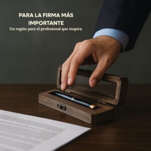Mano de un profesional abriendo el Estuche Pluma Legacy sobre un escritorio, un regalo inspirador para una firma importante.