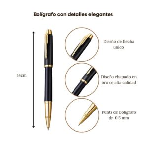 Infografía mostrando los detalles de la pluma GALIA: 14 cm de largo, diseño de flecha único, chapado en oro y punta de bolígrafo de 0.5 mm.