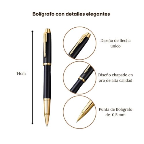 Infografía mostrando los detalles de la pluma GALIA: 14 cm de largo, diseño de flecha único, chapado en oro y punta de bolígrafo de 0.5 mm.