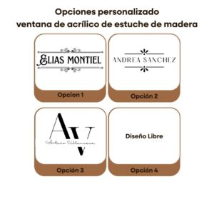 Muestra de cuatro opciones de diseño elegante para personalizar con grabado láser la ventana del estuche de madera GALIA.