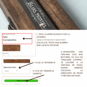 Guía visual paso a paso para personalizar el estuche de madera de una pluma Galia. Muestra cómo agregar un mensaje, elegir la tipografía y finalizar el pedido en el sitio web.