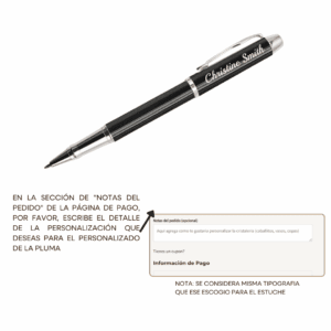 Guía visual que muestra a los clientes cómo personalizar una pluma Galia. Las instrucciones indican usar la sección "Notas del pedido" en la página de pago para especificar los detalles del grabado.